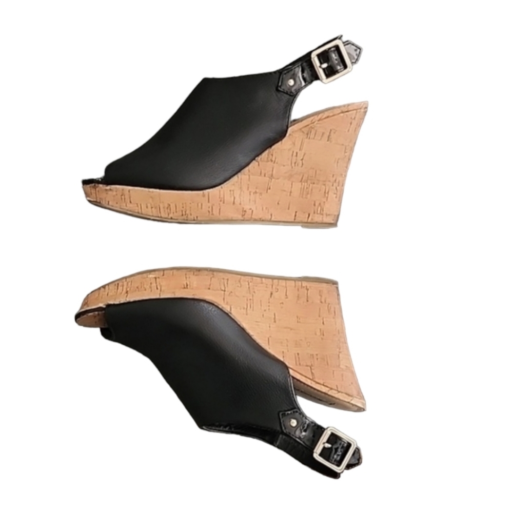 AEO AMERICAN EAGLE Slingback Cork Wedge Sandals 8.5 Pebbled Black Vegan Leather - Picture 7 of 16